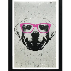 May include: A black and white illustration of a dog wearing pink glasses. The dog's face is centered in the image and the background is a light gray with a distressed texture.