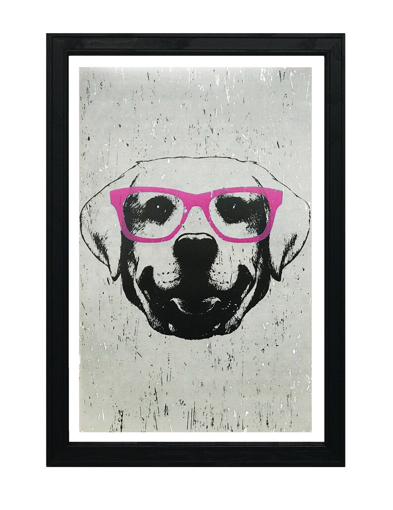 May include: A black and white illustration of a dog wearing pink glasses. The dog's face is centered in the image and the background is a light gray with a distressed texture.
