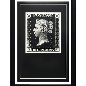 May include: Black and white print of a vintage postage stamp featuring a portrait of Queen Victoria with the text "POSTAGE" and "ONE PENNY" framed in a black frame.