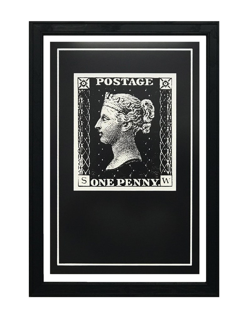 May include: Black and white print of a vintage postage stamp featuring a portrait of Queen Victoria with the text "POSTAGE" and "ONE PENNY" framed in a black frame.