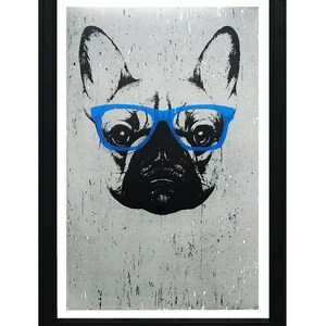 May include: A black and white illustration of a French Bulldog wearing blue glasses against a gray textured background.