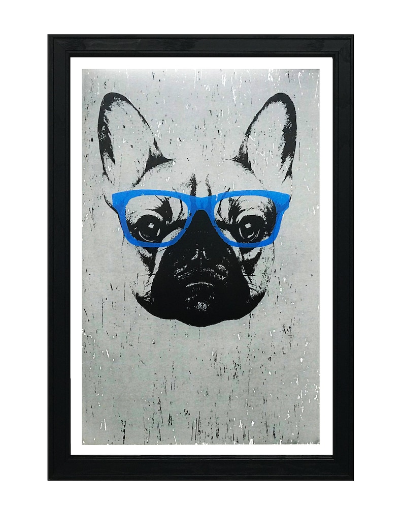 May include: A black and white illustration of a French Bulldog wearing blue glasses against a gray textured background.