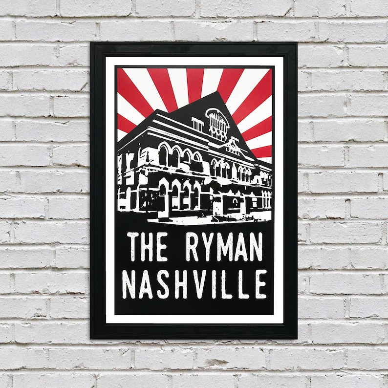 May include: Black and white illustration of the Ryman Auditorium in Nashville, Tennessee. The building is depicted with a red and white striped background.