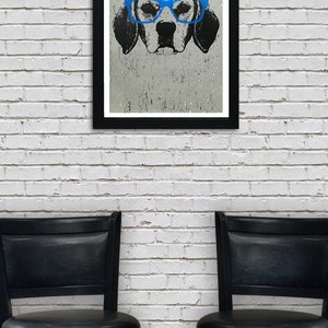 May include: A black and white illustration of a dog wearing blue glasses. The dog's face is centered in the image, and the background is a textured gray.
