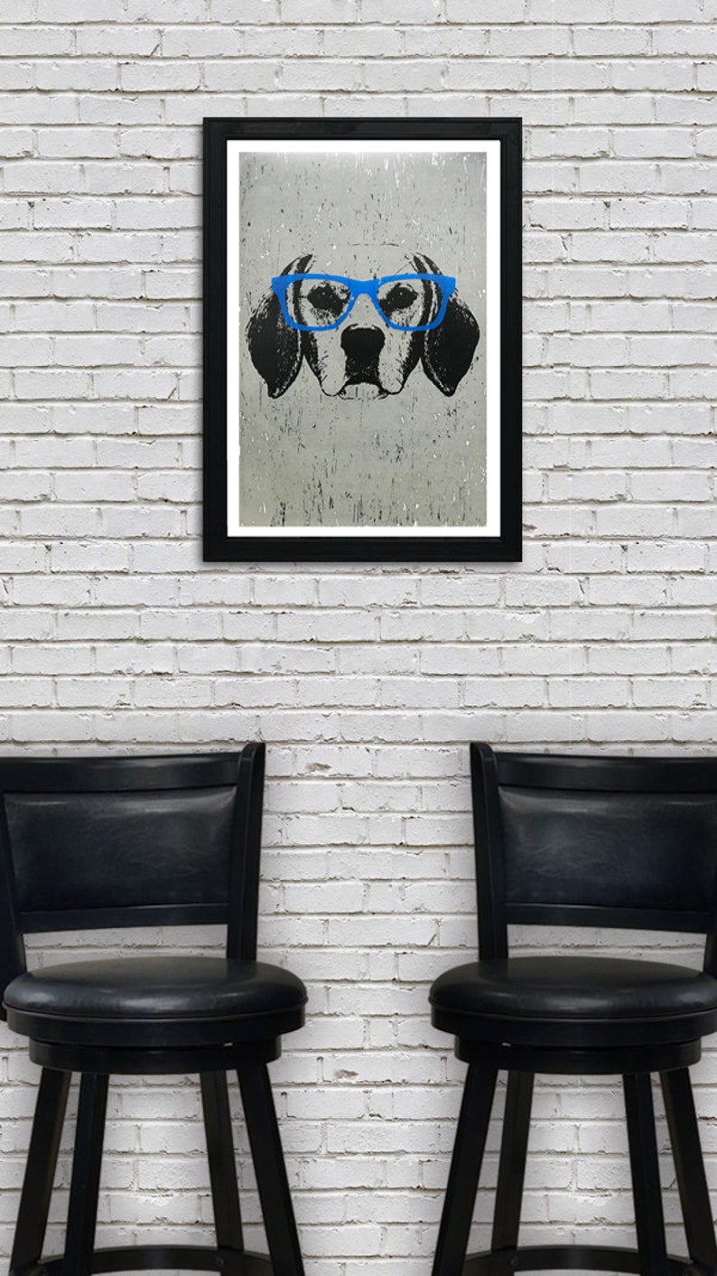 May include: A black and white illustration of a dog wearing blue glasses. The dog's face is centered in the image, and the background is a textured gray.