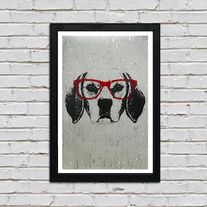Beagle Art Print: Dog with Red Glasses, Limited Edition