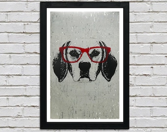 Beagle Art Print: Dog with Red Glasses, Limited Edition