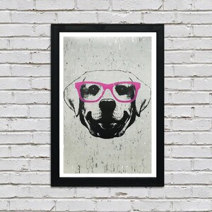 May include: A black and white illustration of a dog wearing pink glasses. The dog is looking directly at the viewer. The background is a light gray with a distressed texture.