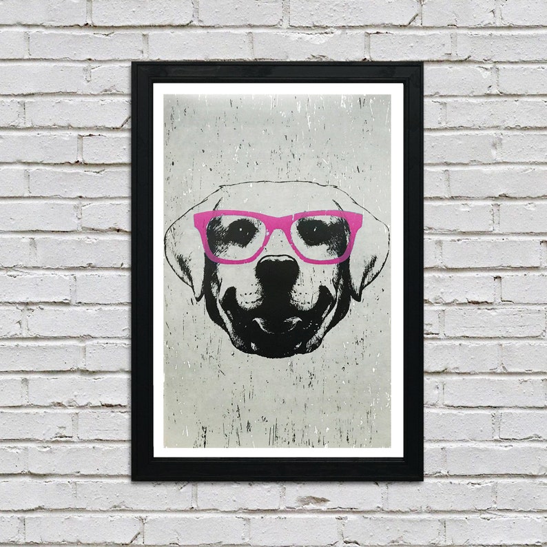 May include: A black and white illustration of a dog wearing pink glasses. The dog is looking directly at the viewer. The background is a light gray with a distressed texture.