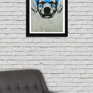 May include: A black and white illustration of a dog wearing blue glasses. The dog's face is the focus of the image, and the background is a textured, grey surface.