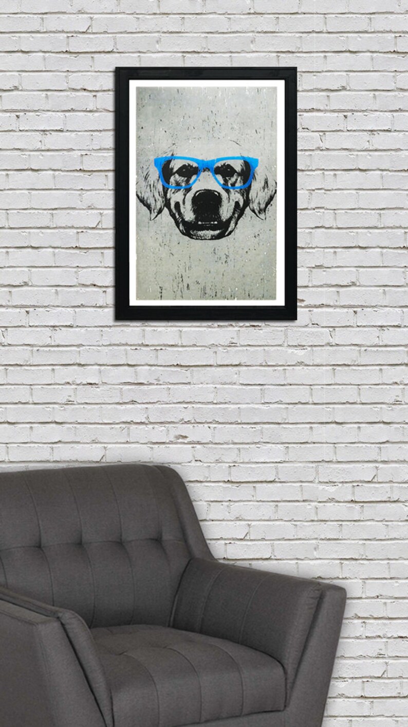 May include: A black and white illustration of a dog wearing blue glasses. The dog's face is the focus of the image, and the background is a textured, grey surface.