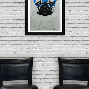 May include: A black and white illustration of a French bulldog wearing blue glasses, framed in a black frame, hanging on a white brick wall. Two black bar stools are in the foreground.