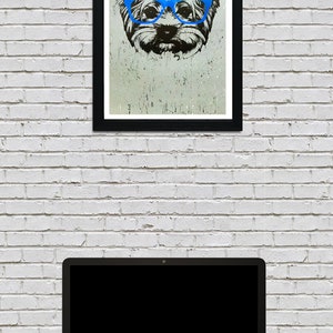 May include: A black and white illustration of a dog wearing blue glasses. The dog is looking directly at the viewer. The illustration is on a white background.