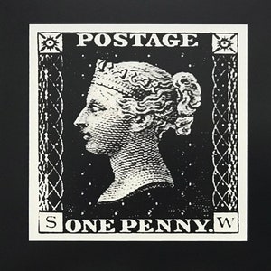 May include: Black and white postage stamp featuring a portrait of a woman with the text "POSTAGE" and "ONE PENNY" printed on the stamp.