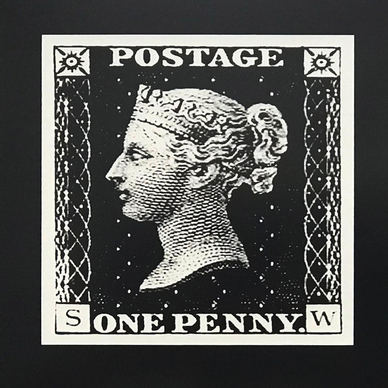 May include: Black and white postage stamp featuring a portrait of a woman with the text "POSTAGE" and "ONE PENNY" printed on the stamp.