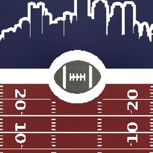 May include: A stylized illustration of a football on a white circle against a blue background with a white cityscape silhouette. The bottom of the image shows a red and white football field with yard lines marked 10, 20.