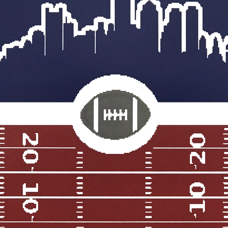 May include: A stylized illustration of a football on a white circle against a blue background with a white cityscape silhouette. The bottom of the image shows a red and white football field with yard lines marked 10, 20.
