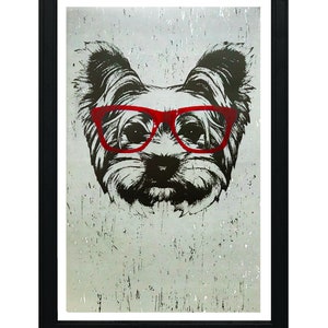 May include: A black and white illustration of a Yorkshire Terrier wearing red glasses against a gray textured background.