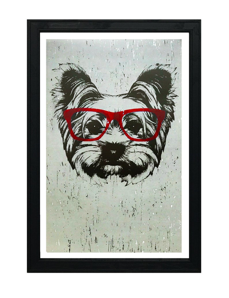 May include: A black and white illustration of a Yorkshire Terrier wearing red glasses against a gray textured background.