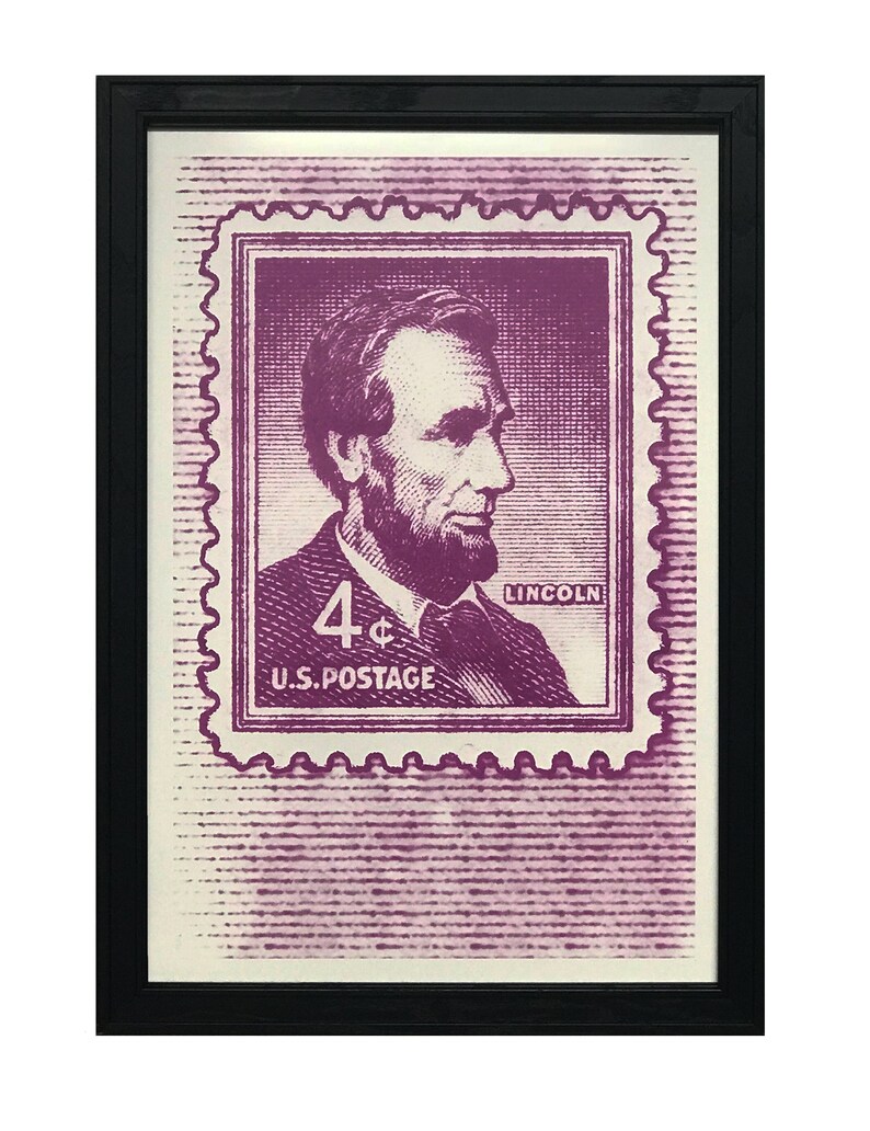 May include: A vintage-style 4&cent; US postage stamp featuring a portrait of Abraham Lincoln in purple. The stamp has a white background and the text "LINCOLN" and "U.S. POSTAGE" are printed in white.