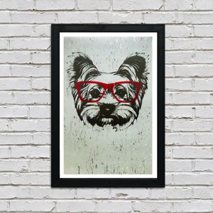 May include: A black and white illustration of a dog wearing red glasses. The dog's fur is styled in a fluffy, messy way. The background is a light gray with a textured look.