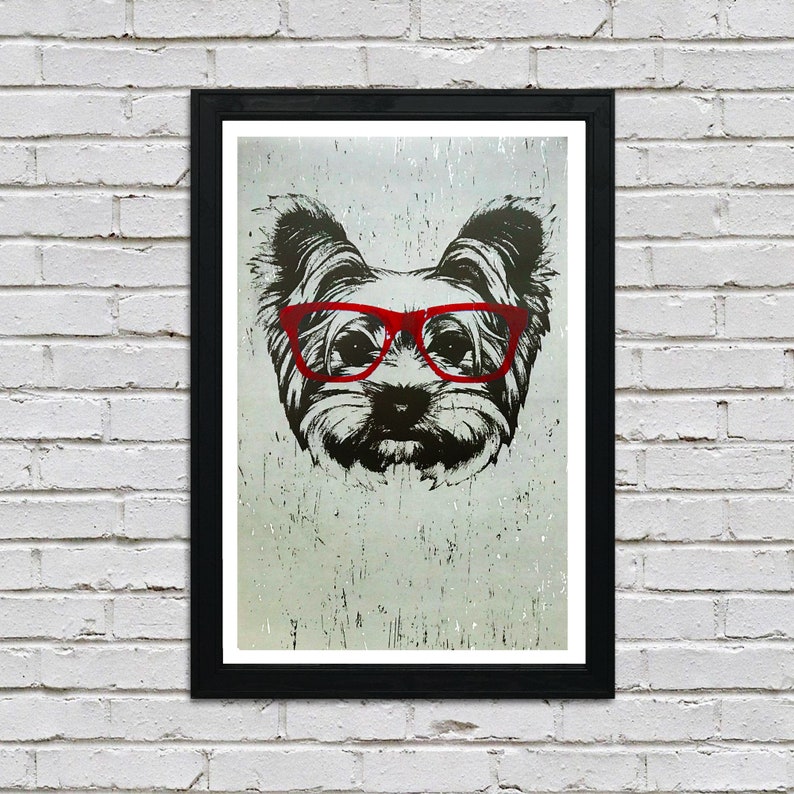 May include: A black and white illustration of a dog wearing red glasses. The dog's fur is styled in a fluffy, messy way. The background is a light gray with a textured look.