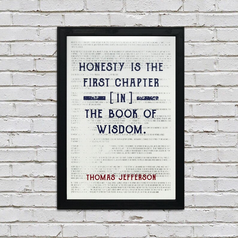May include: Framed print with the quote "Honesty is the first chapter in the book of wisdom" attributed to Thomas Jefferson. The text is in a distressed font, with a black frame. The background is a textured, off-white color.