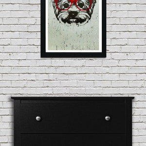 May include: A black and white illustration of a dog wearing red glasses. The dog's fur is textured and the background is a light gray color.