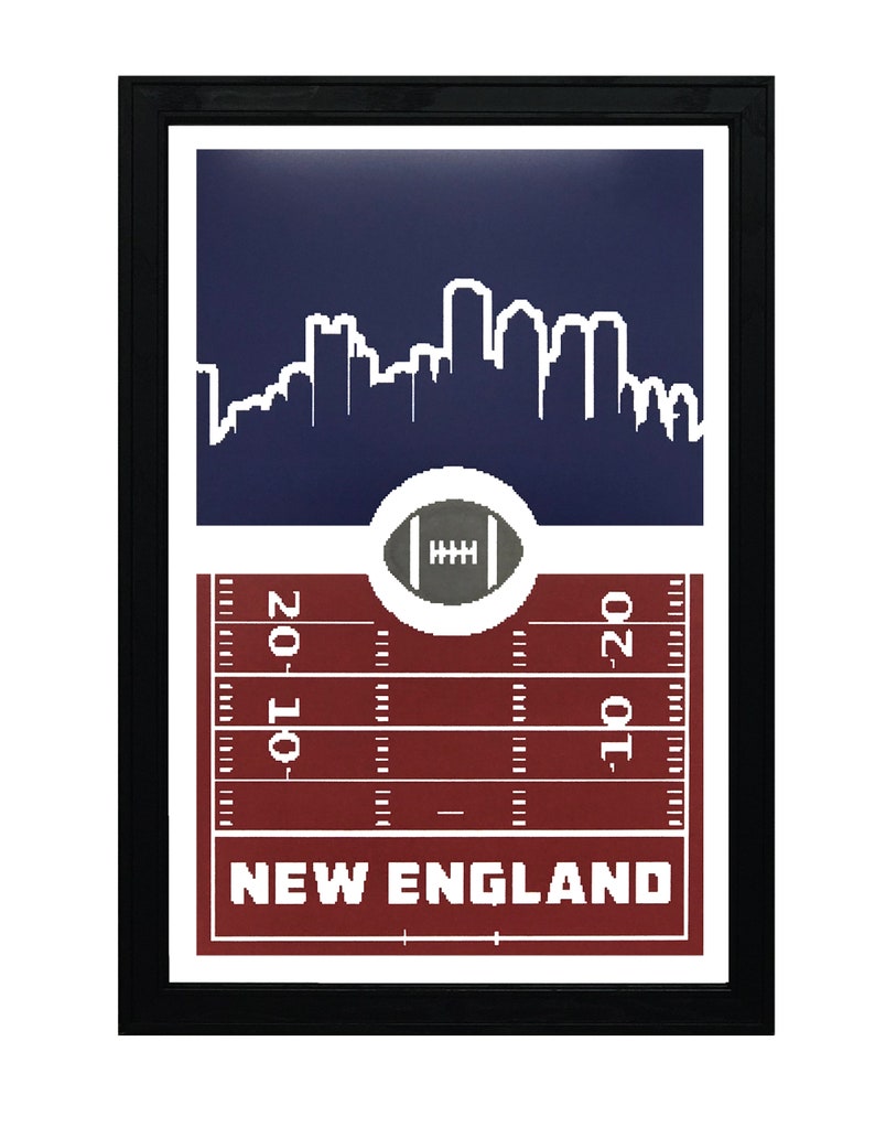 May include: A framed print with a white silhouette of the Boston skyline against a dark blue background. Below the skyline is a white football on a red and white football field with the text "NEW ENGLAND" in white.