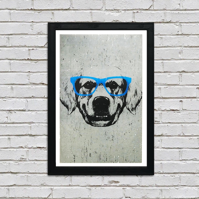 May include: A black and white illustration of a dog wearing blue glasses. The dog is looking directly at the viewer. The background is a textured grey surface.