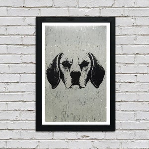 May include: Black and white illustration of a dog's head against a textured, grey background. The dog has a short, pointed snout and floppy ears.