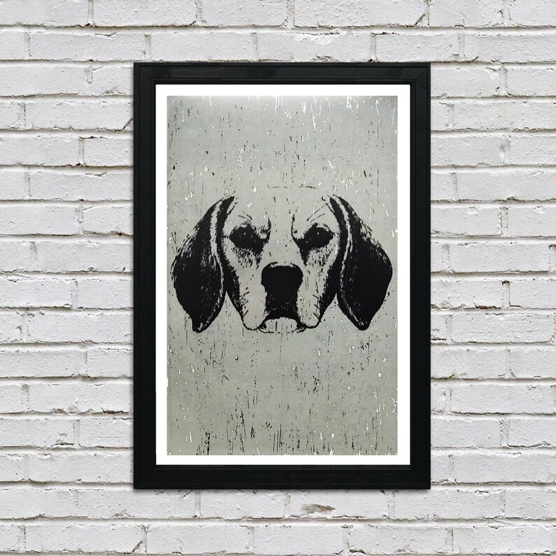 May include: Black and white illustration of a dog's head against a textured, grey background. The dog has a short, pointed snout and floppy ears.