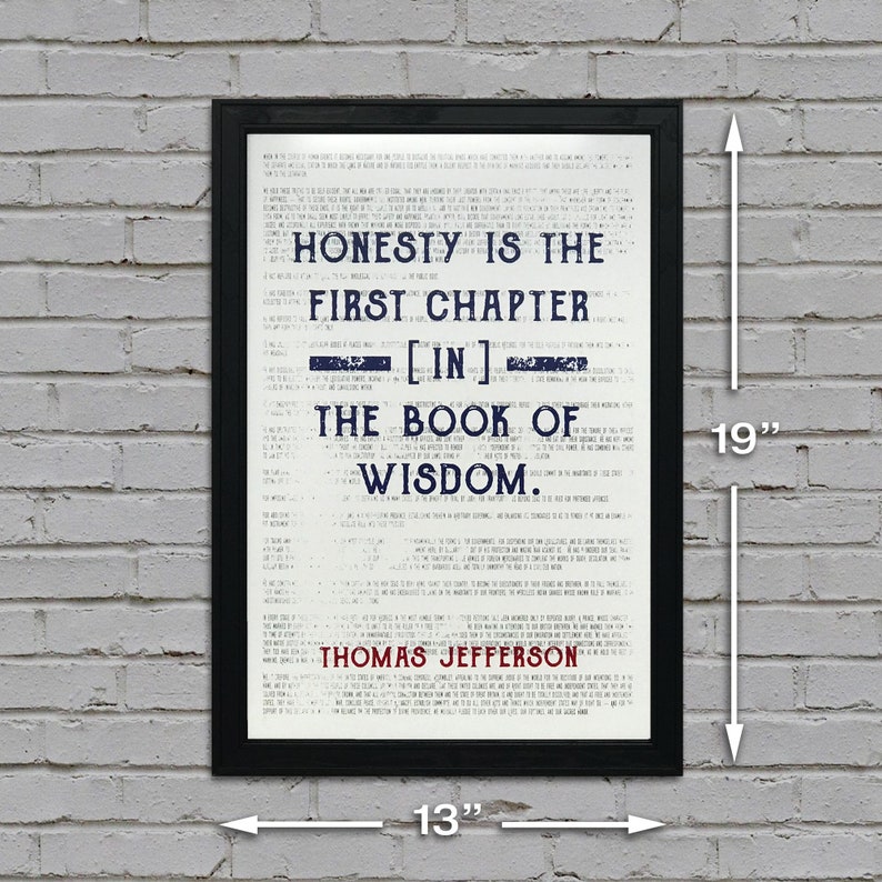 May include: A framed print with the quote "Honesty is the first chapter in the book of wisdom" by Thomas Jefferson. The black frame surrounds a white background with dark blue and red text. The print measures 19 inches high and 13 inches wide.