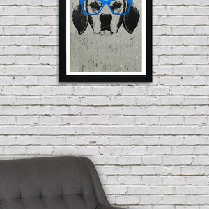 May include: A black and white illustration of a dog wearing blue glasses. The dog's face is centered in the image, and the background is a textured gray.