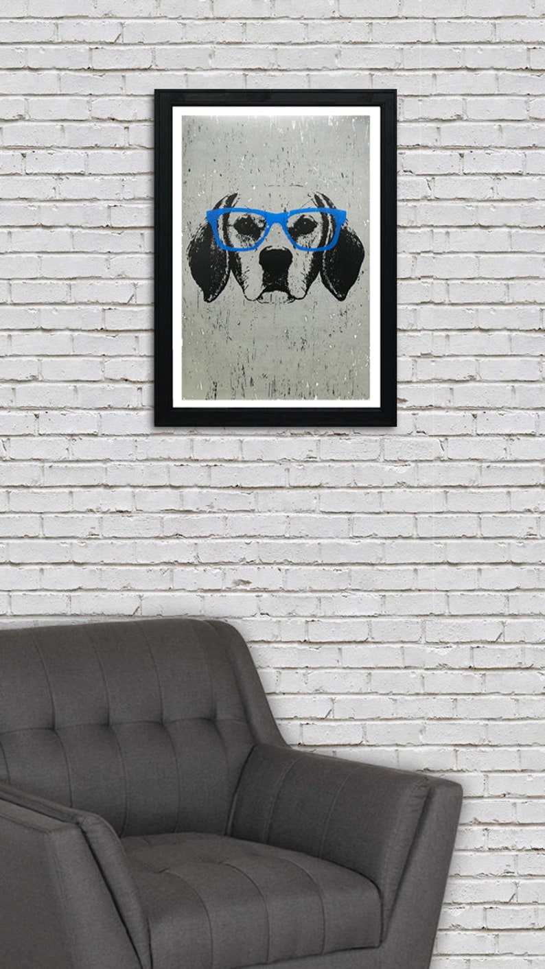 May include: A black and white illustration of a dog wearing blue glasses. The dog's face is centered in the image, and the background is a textured gray.