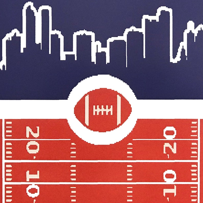 May include: A red and white football field with a white circle containing a red football in the center. The football field has the numbers 2010 printed on the left and right sides. The background is a dark blue with a white silhouette of a city skyline.