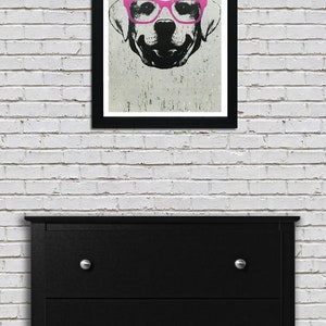 May include: A black and white illustration of a dog wearing pink glasses. The dog's face is the focus of the image, and the background is a light gray.