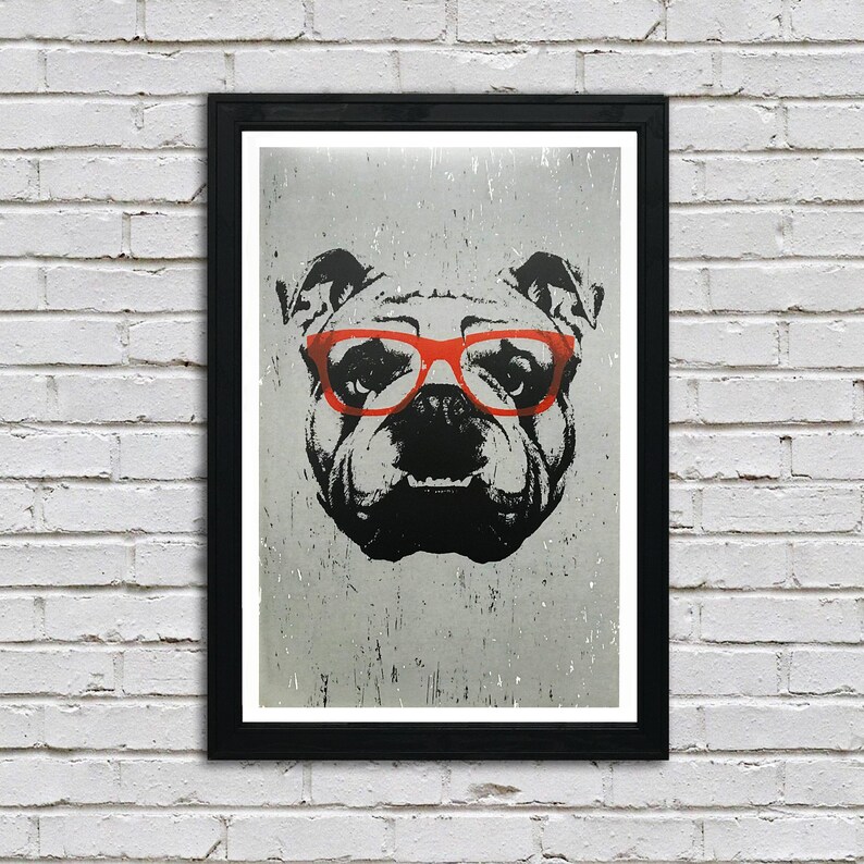 May include: A black and white illustration of a bulldog wearing red glasses. The bulldog is looking directly at the viewer. The background is a textured gray.
