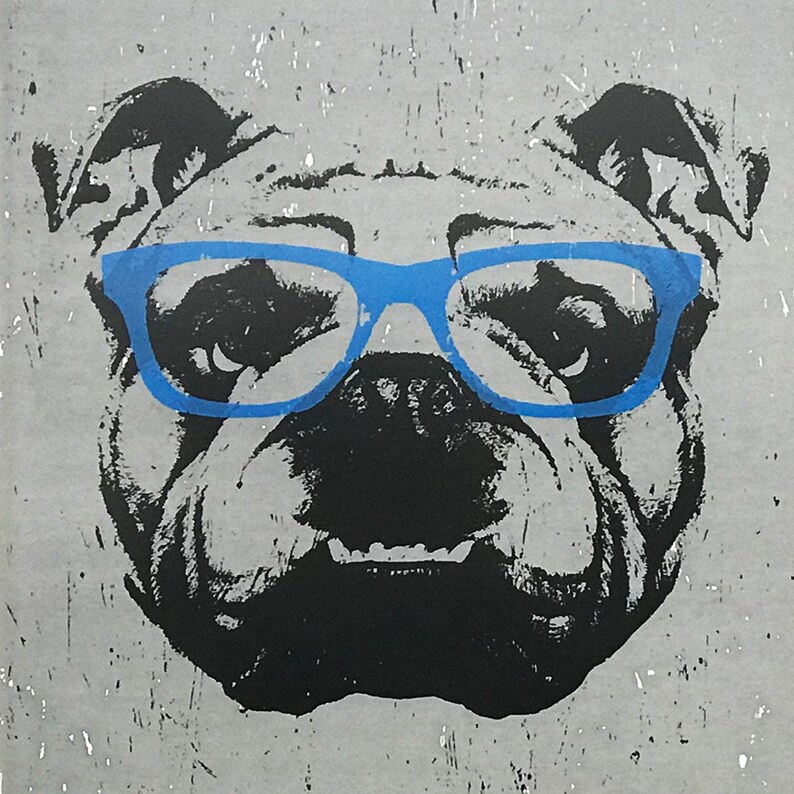 May include: A black and white illustration of a bulldog wearing blue-rimmed glasses. The bulldog's face is shown in close-up, with its mouth slightly open and its tongue visible.