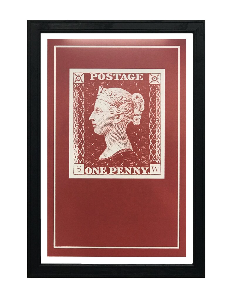 May include: A framed print of a vintage postage stamp featuring a profile of Queen Victoria with the text "POSTAGE ONE PENNY."