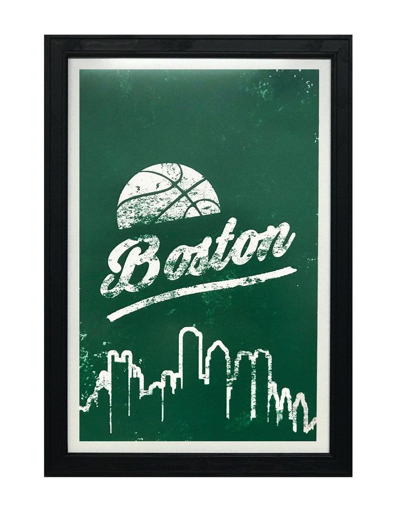 May include: A framed green and white poster with a basketball, the word "Boston" and a skyline of buildings.