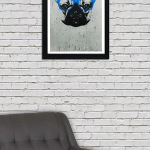 May include: A black and white illustration of a French bulldog wearing blue glasses. The image is framed in a black frame and is hanging on a white brick wall.