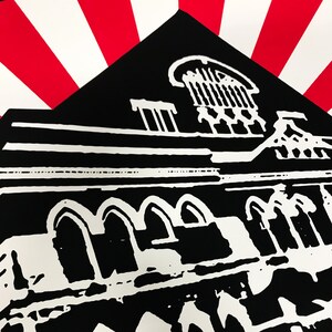 May include: Black and white illustration of a building with a red and white striped background. The building has a series of arched windows and a large, ornate window at the top.