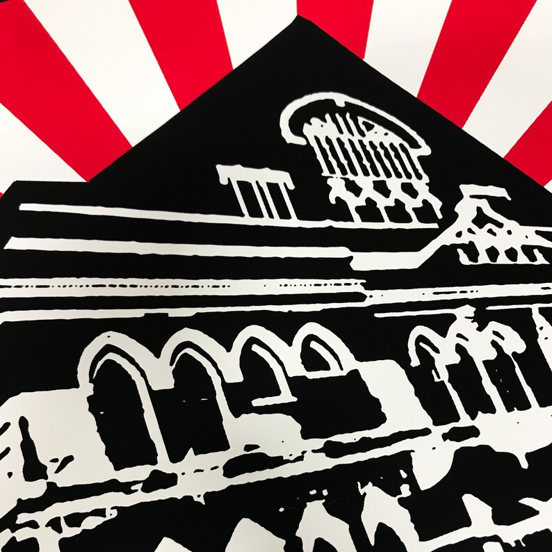 May include: Black and white illustration of a building with a red and white striped background. The building has a series of arched windows and a large, ornate window at the top.