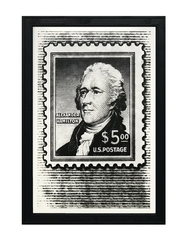 May include: A black and white illustration of a postage stamp featuring a portrait of Alexander Hamilton. The stamp reads "$5.00 U.S. POSTAGE".