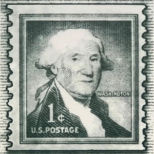 May include: A vintage 1 cent US postage stamp featuring a portrait of George Washington. The stamp is green and white with the text "WASHINGTON" and "U.S. POSTAGE" printed on it.