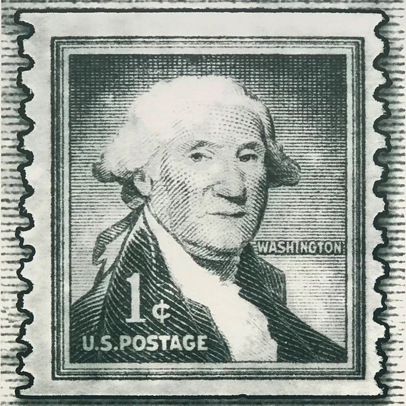 May include: A vintage 1 cent US postage stamp featuring a portrait of George Washington. The stamp is green and white with the text "WASHINGTON" and "U.S. POSTAGE" printed on it.