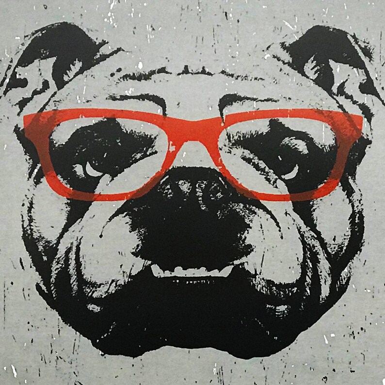 May include: A black and white illustration of a bulldog wearing red-rimmed glasses. The bulldog has a serious expression and its mouth is slightly open.