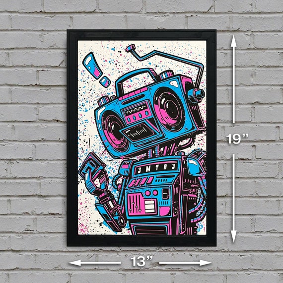 Boombox Robot Art Print: 80's-90's Music Poster by John Van Horn