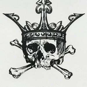 May include: Black and white illustration of a skull wearing a crown with crossed bones behind it.